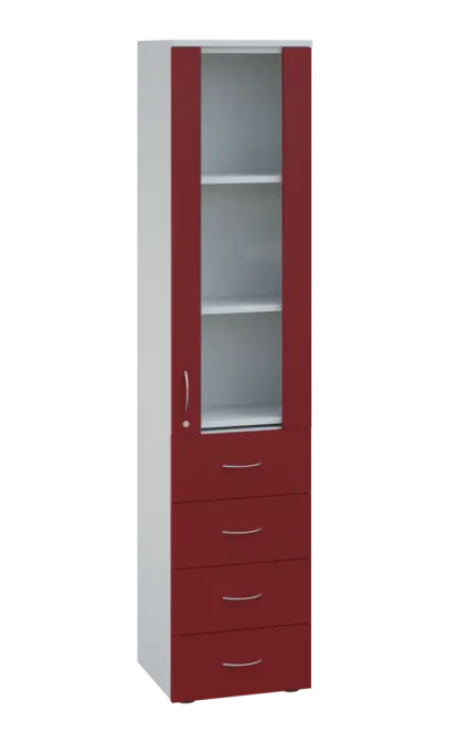 LE - 44 skříň léková prosklená, pravá, korpus bílý, dvířka burgundská